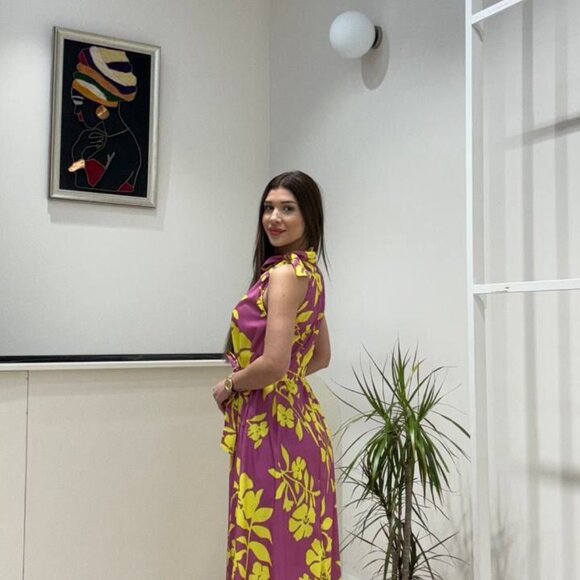 Long Floral Maxi Dress Candlestick Collar Tie Detail and Pockets - S, M, L, XL - Picture 3 of 3